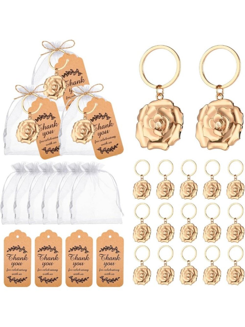 50PCS Gold Rose Flower Keychains - Wedding Favors, Bridal Shower Gifts, Party